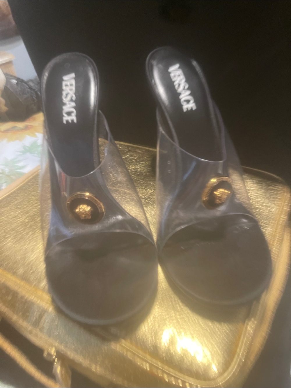 Versace Black Clear PVC Medusa Slide Mules with Gold Emblem